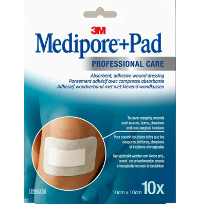 3M MEDIPORE PAD STERILE ADHESIVE DRESSING WITH ABSORBENT COMPRESS 10 DRESSINGS OF 10X10CM