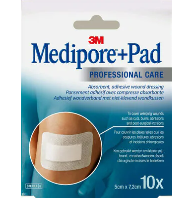 3M MEDIPORE PAD STERILE ADHESIVE DRESSING WITH ABSORBENT COMPRESS 10 DRESSINGS OF 5X7 2CM