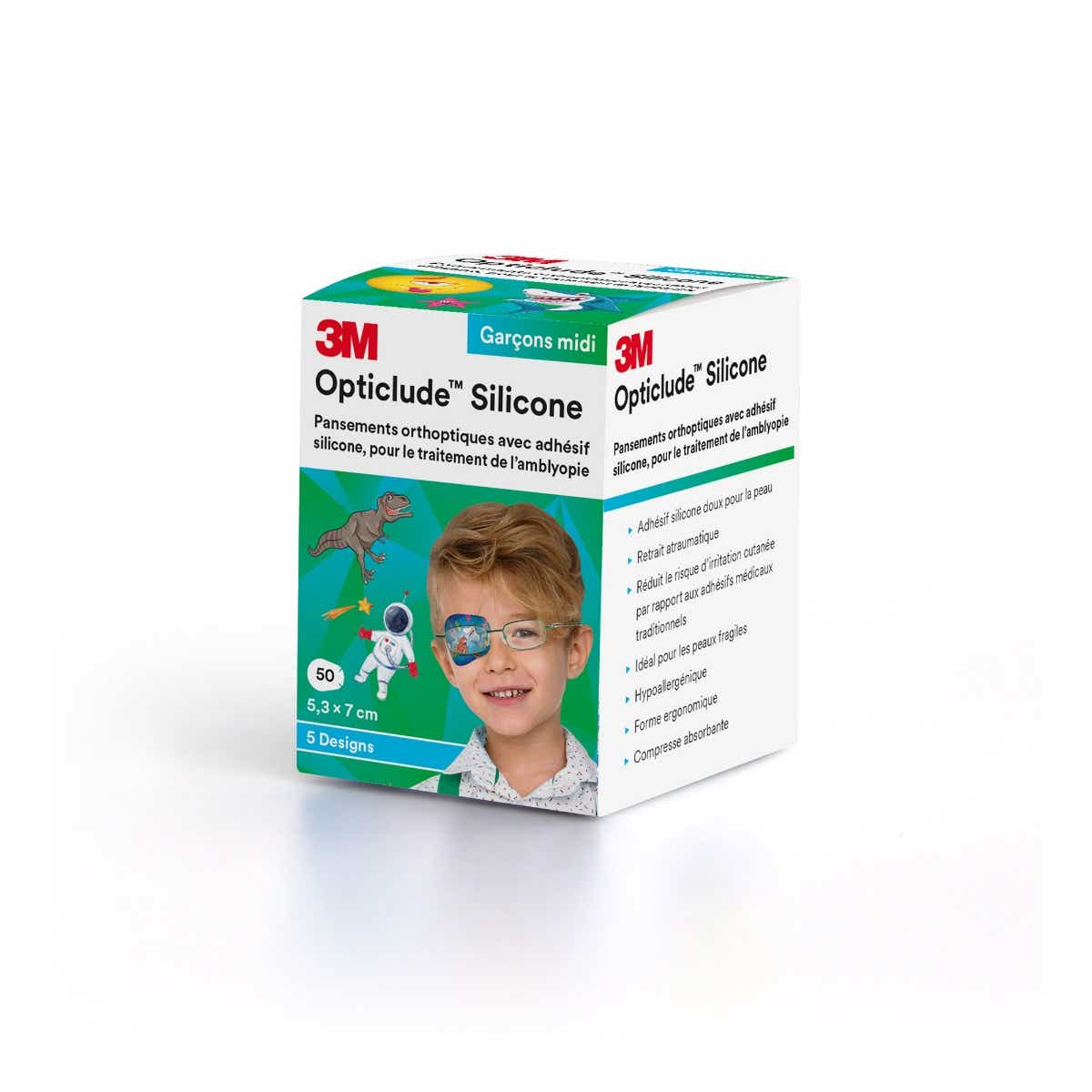 3M OPTICLUDE SILICONE ORTHOPTIC DRESSINGS BOYS MIDI 50 DRESSINGS OF 5 3X7CM