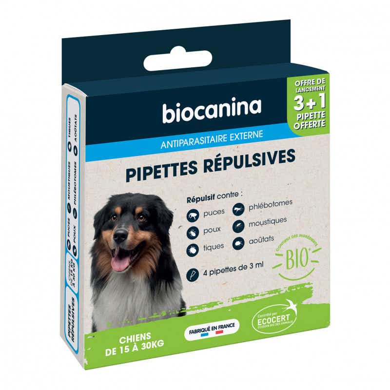 BIOCANINA EXTERNAL ANTI-PARASITIC PIPETTES ORGANIC DOG REPELLENT 15 TO 30KG 3 PIPETTES 1 FREE