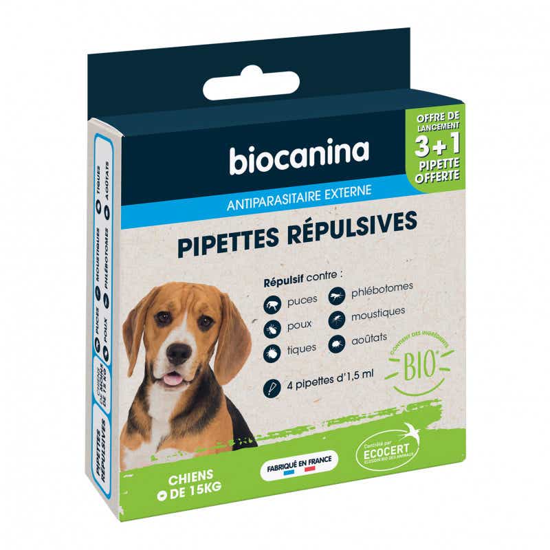 BIOCANINA EXTERNAL ANTI-PARASITIC PIPETTES ORGANIC REPELLENT FOR DOGS LESS THAN 15KG 3 PIPETTES 1 FREE