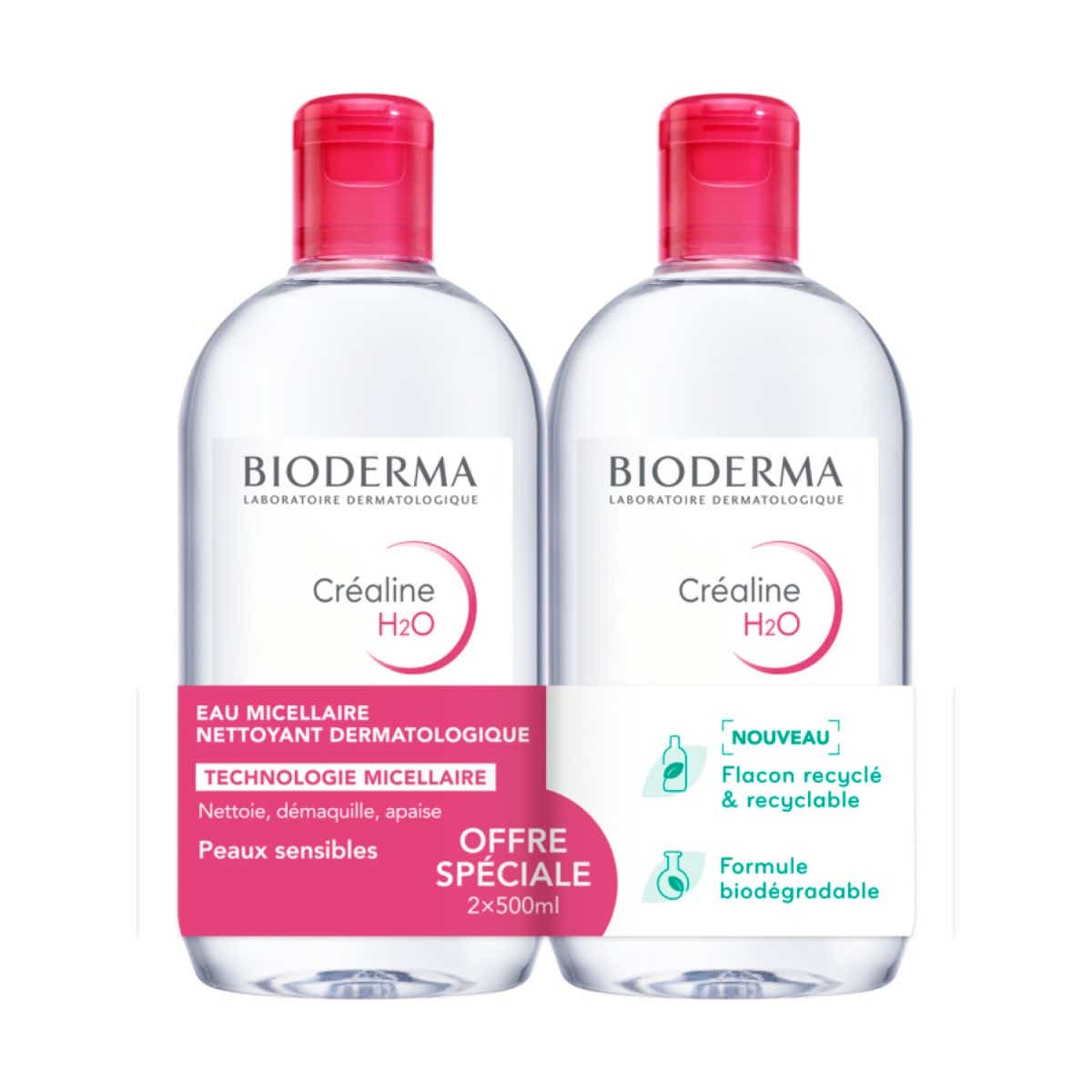 BIODERMA CREALINE H2O FRAGRANCES FREE LOT 2 X 500ML