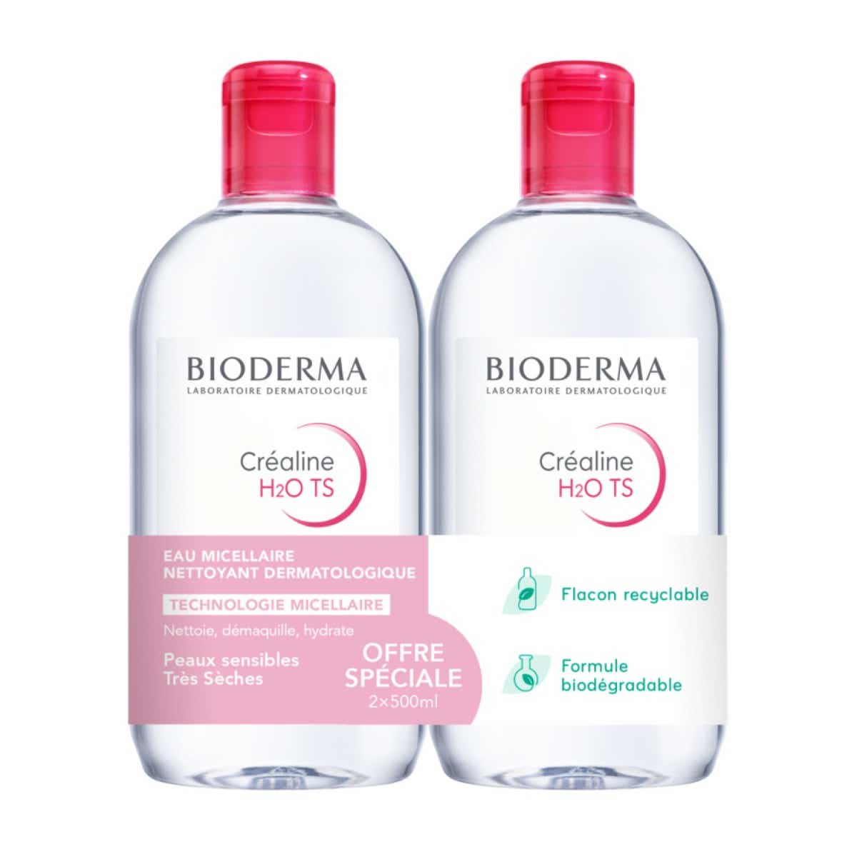 BIODERMA CREALINE H2O TS MICELLAR MAKE-UP REMOVER WATER FOR FACE AND EYE VERY DRY SENSITIVE SKIN 2X500ML