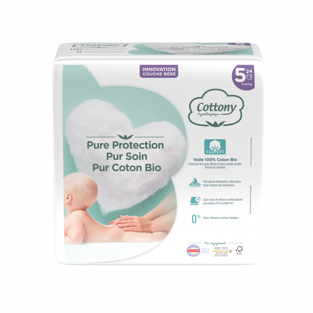 COTTONY HYPOALLERGENIC ORGANIC COTTON DIAPERS SIZE 5 24 UNITS