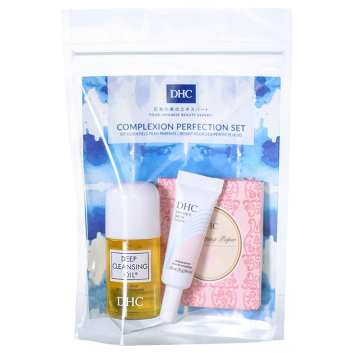 DHC TRAVEL KIT MAKE-UP REMOVER OIL 30ML VELVETY COMPLEXION BASE 5G MATTIFYING PAPER 100 SHEETS