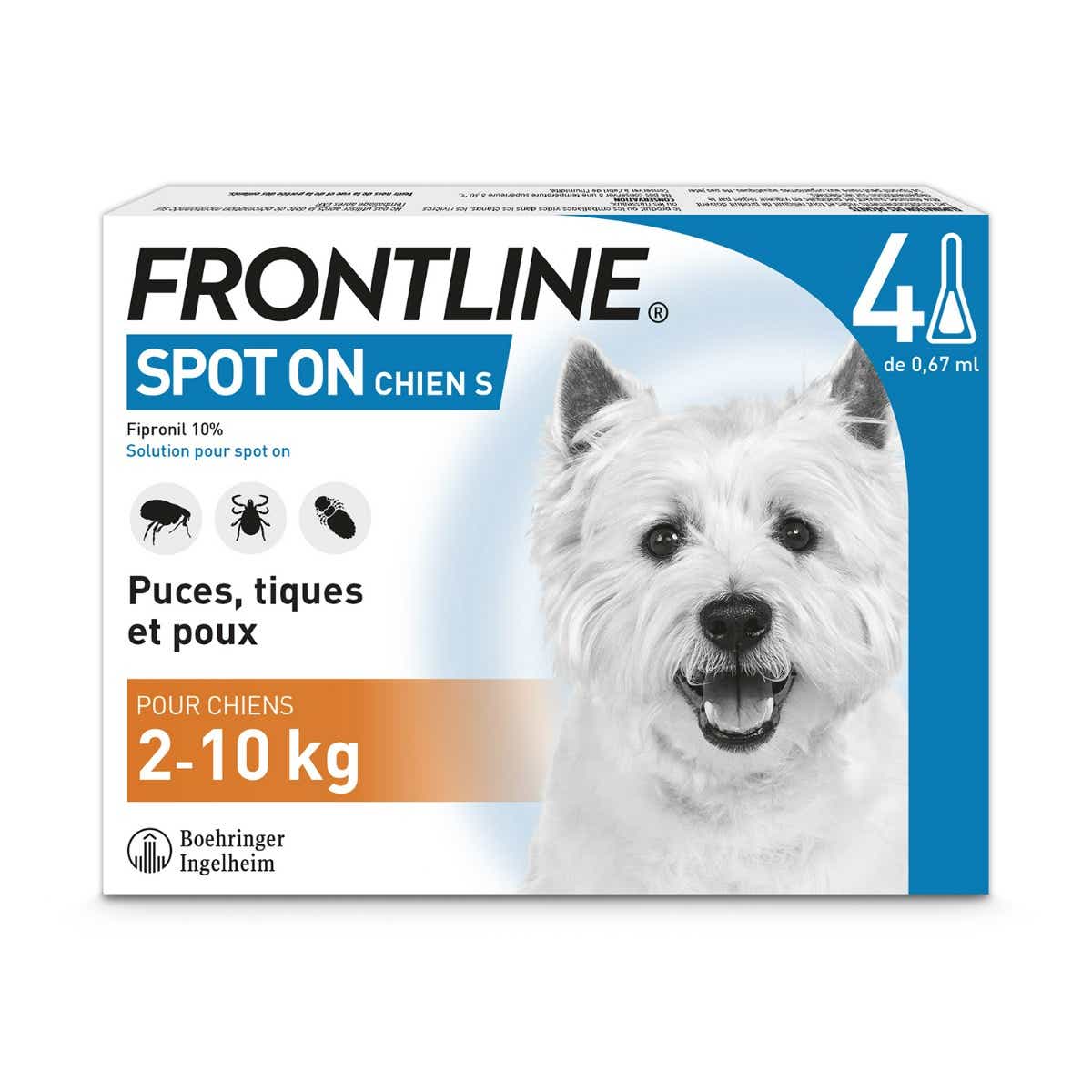 FRONTLINE SPOT ON DOGS 2 TO 10KG 4 PIPETTES OF 067ML