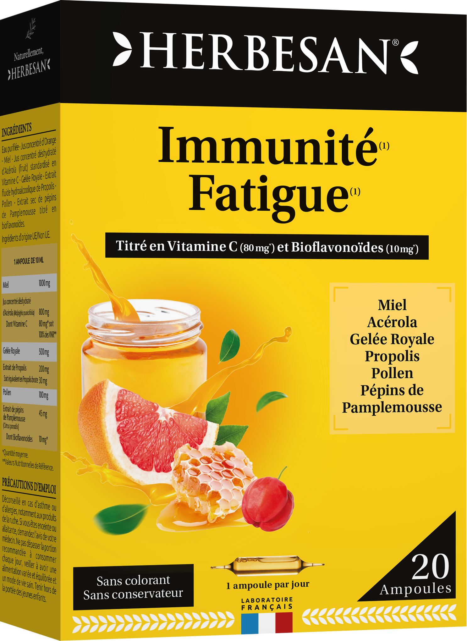 HERBESAN HONEY ROYAL JELLY ACEROLA POLLEN GRAPEFRUIT PROPOLIS 20 AMPOULES OF 15ML