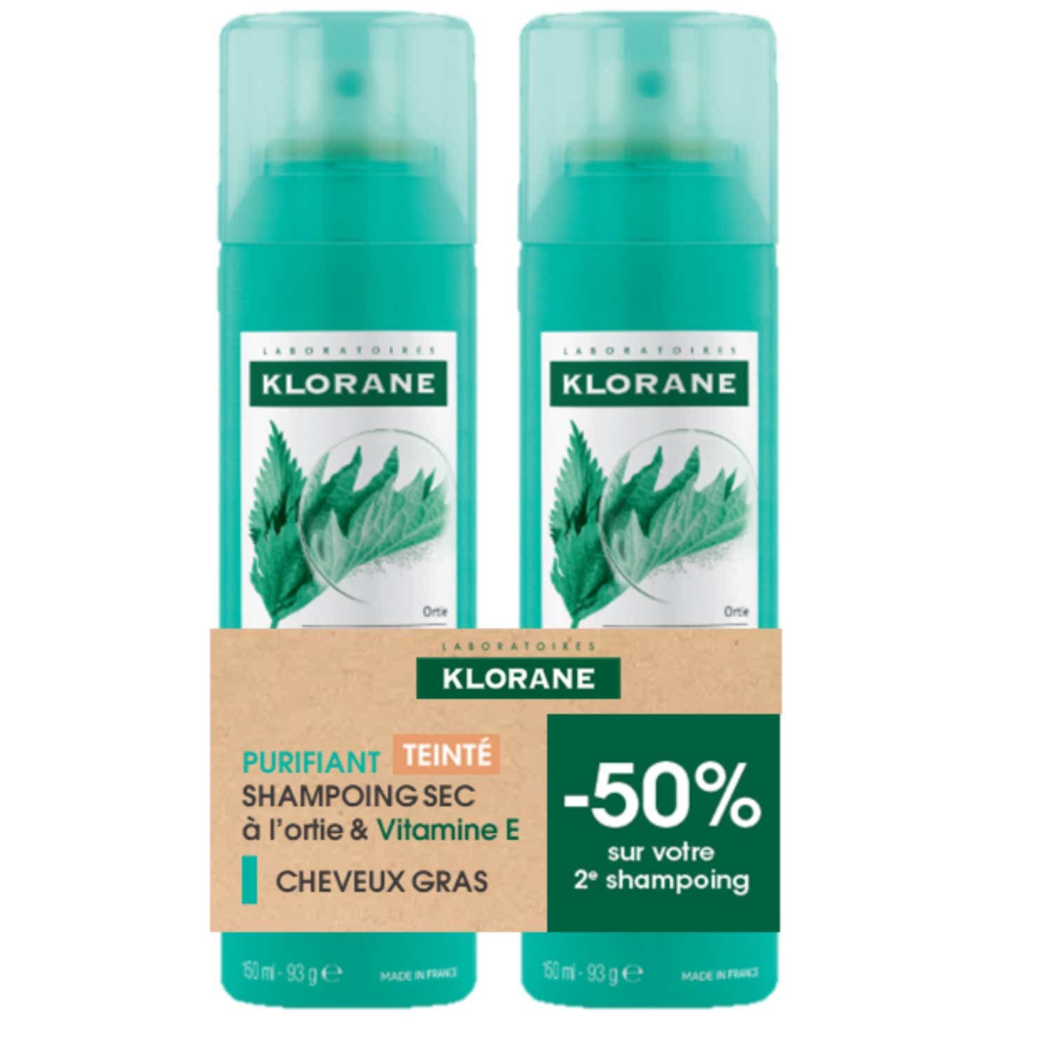 KLORANE TINTED DRY SHAMPOO WITH NETTLE 2 BOTTLES OF 150ML