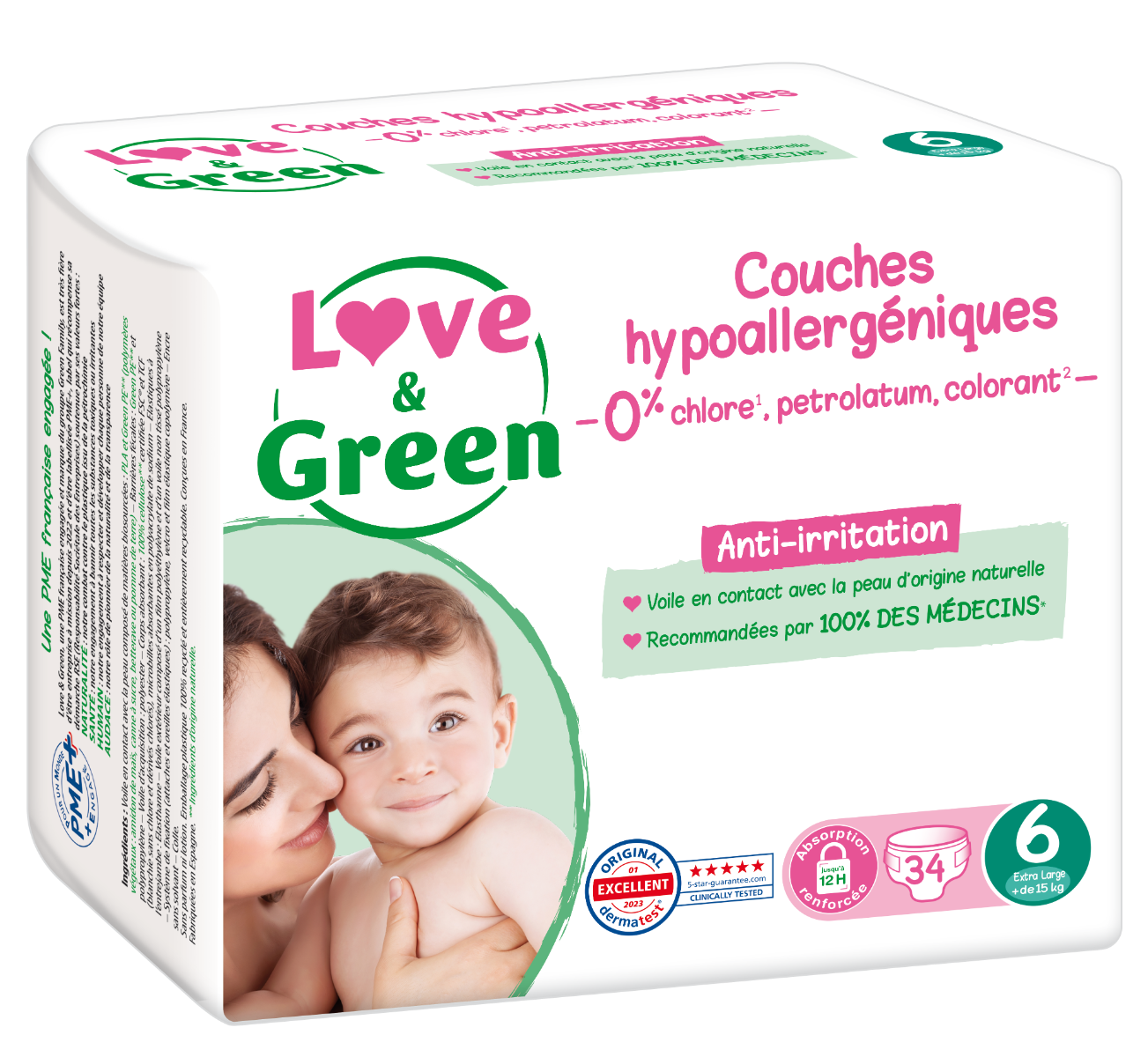 LOVE AND GREEN ECOLOGICAL DIAPERS SIZE 6 15KG AND MORE 34 DIAPERS