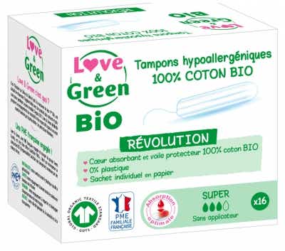 LOVE AND GREEN SUPER HYPOALLERGENIC DIGITAL TAMPONS WITHOUT APPLICATOR 16 TAMPONS