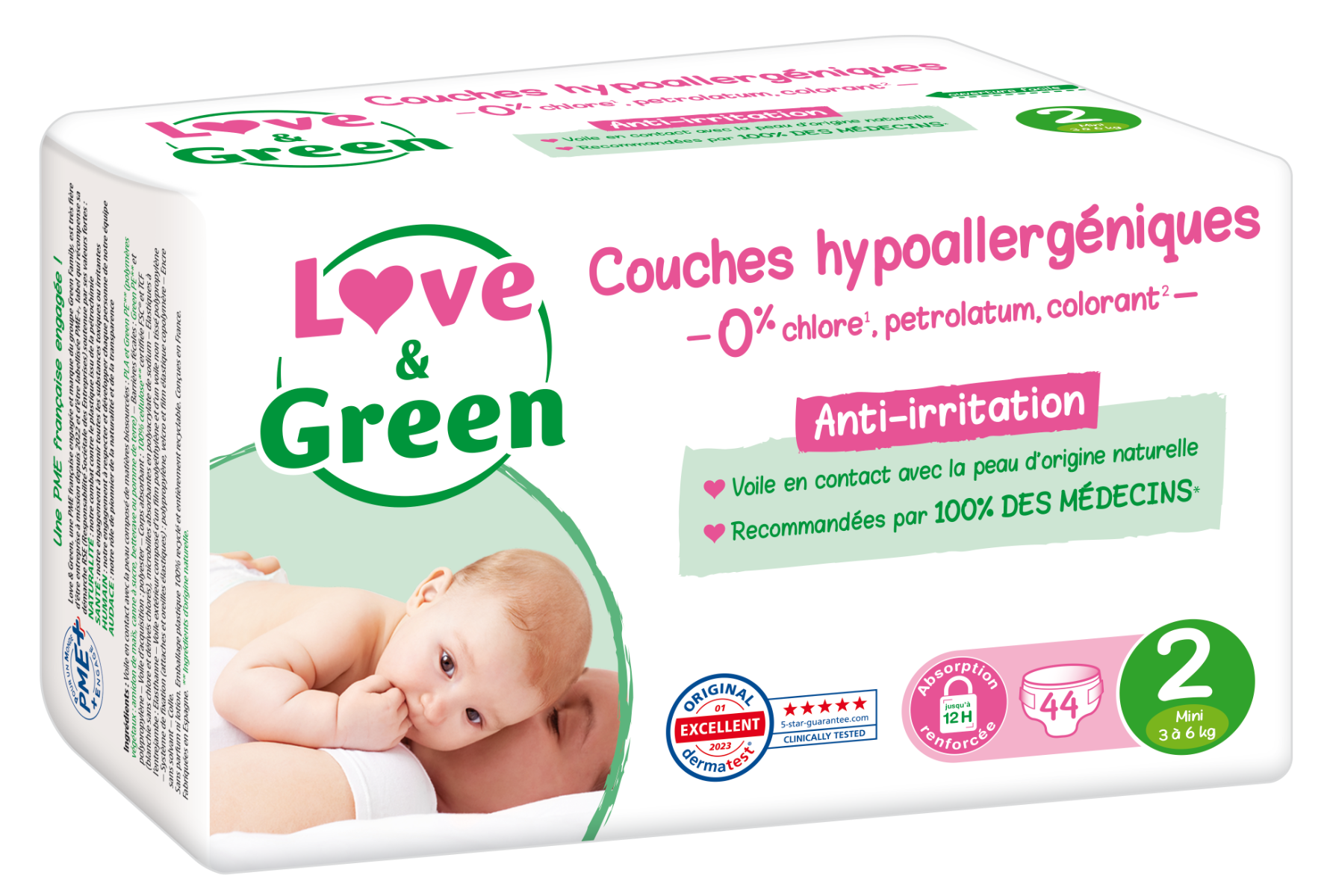 LOVE GREEN HYPOALLERGENIC DIAPERS T2 44 UNITS