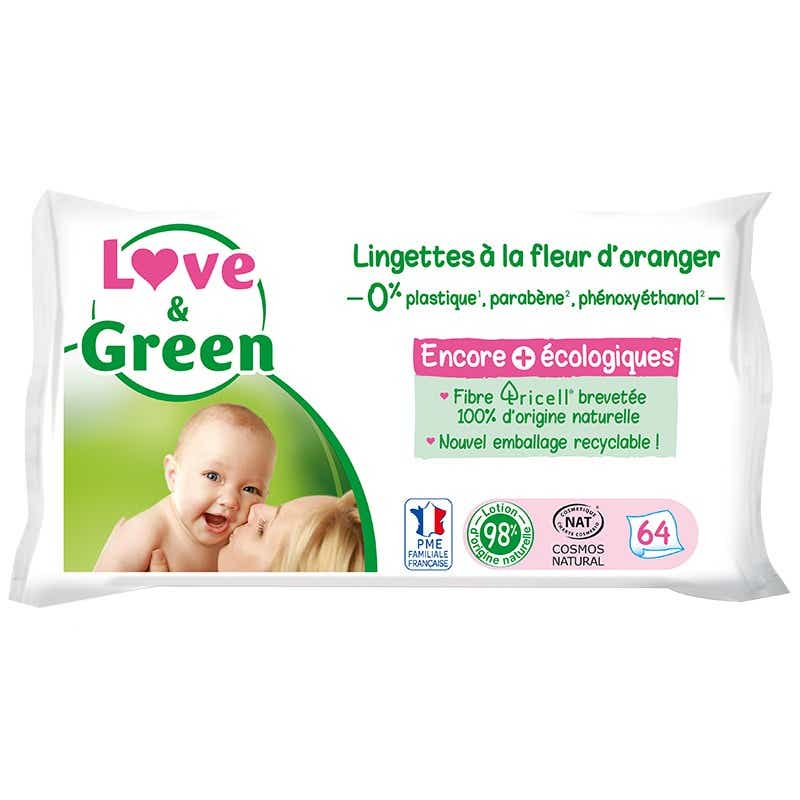 LOVE GREEN HYPOALLERGENIC WIPES WITH ORGANIC ORANGE BLOSSOM 64 UNITS