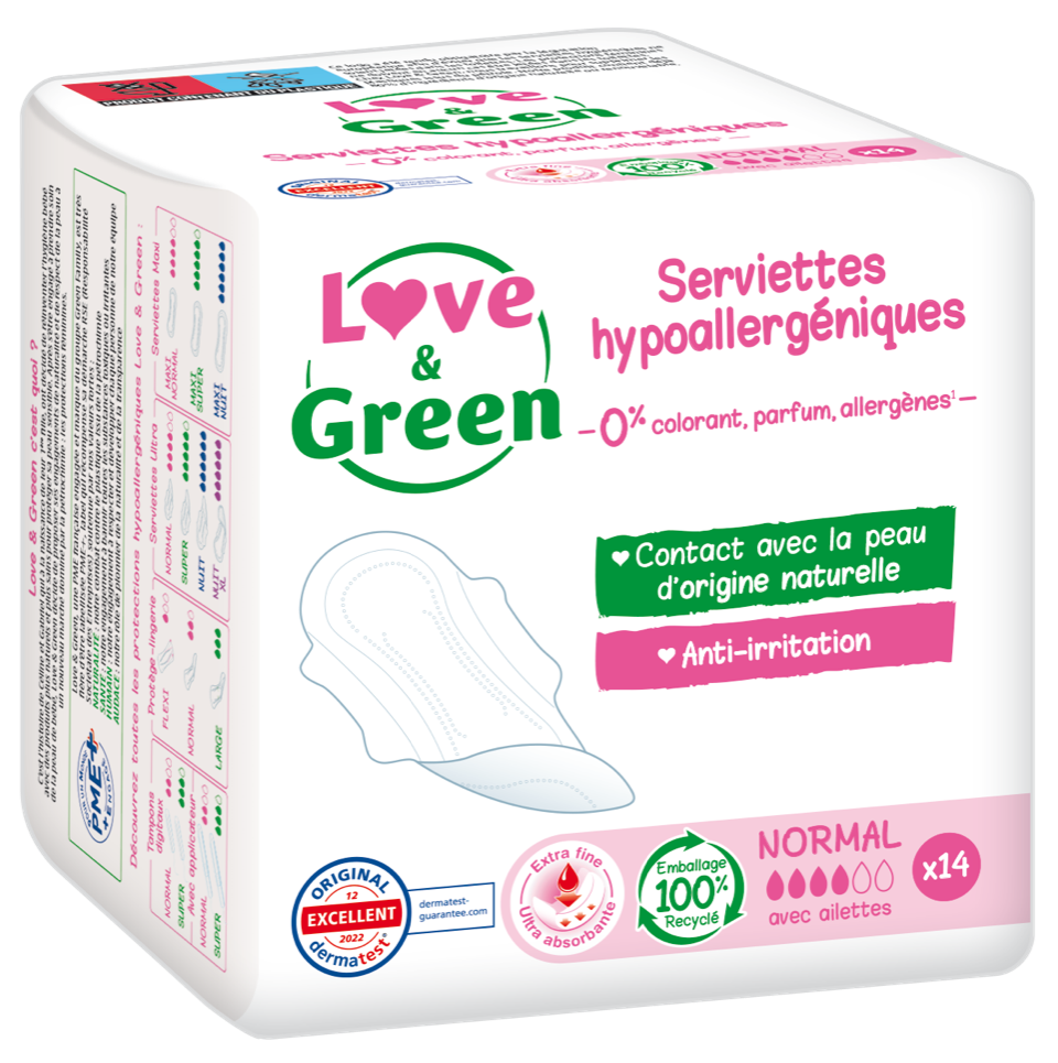 LOVE GREEN HYGIENIC HYGIENIC TOWELS ANTI-IRRITATION NORMAL 14 UNITS