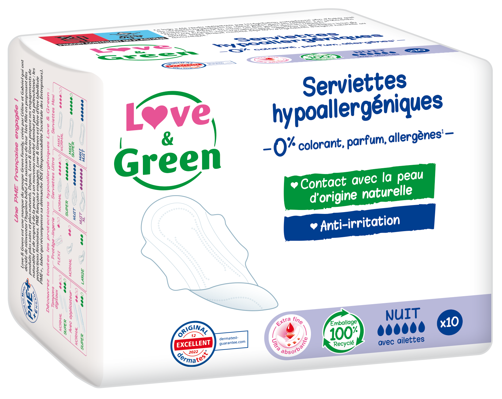 LOVE GREEN HYPOALLERGENIC HYGIENIC TOWELS ANTI-IRRITATION NIGHT 10 UNITS