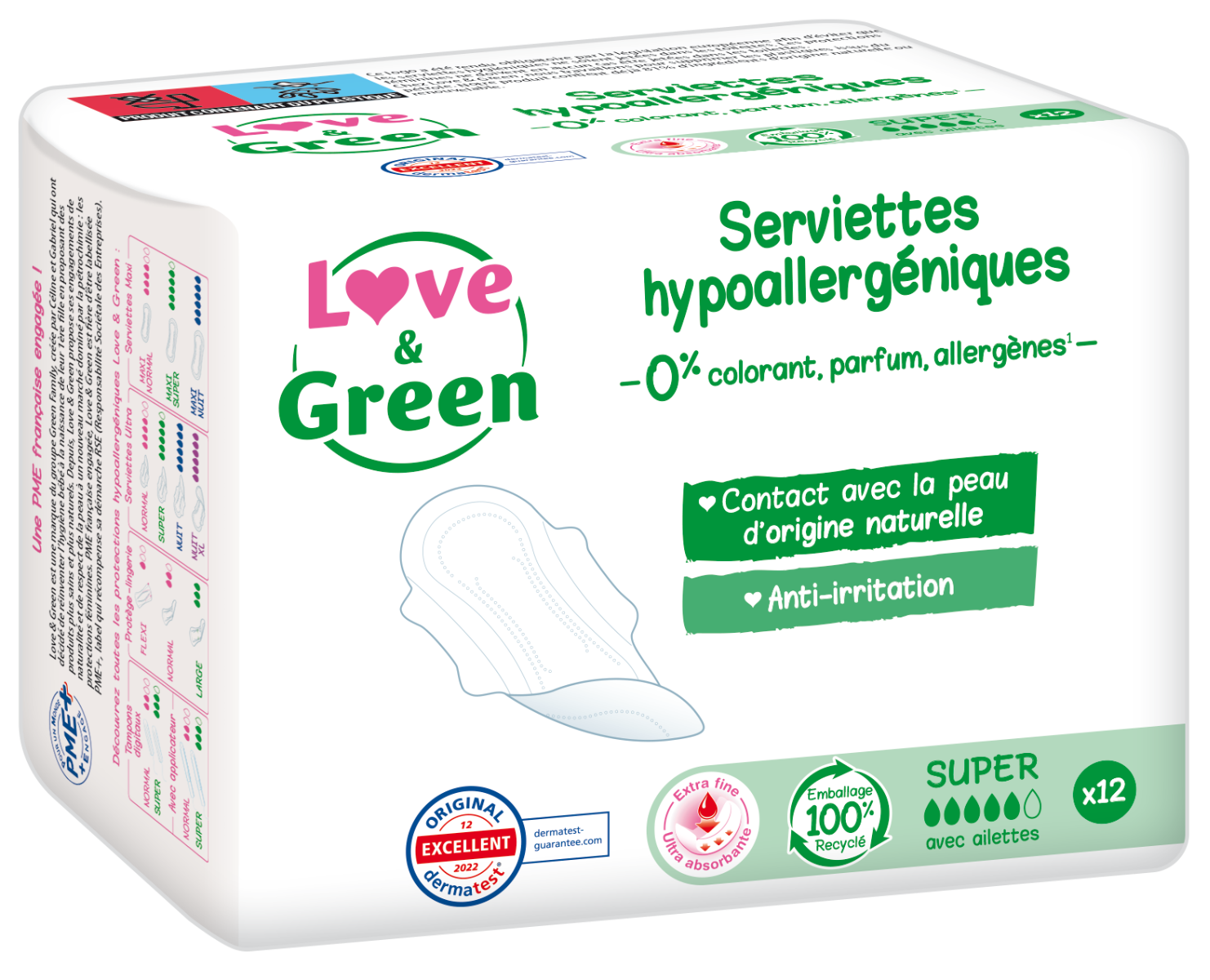 LOVE GREEN HYPOALLERGENIC HYGIENIC TOWELS ANTI-IRRITATION SUPER 12 UNITS