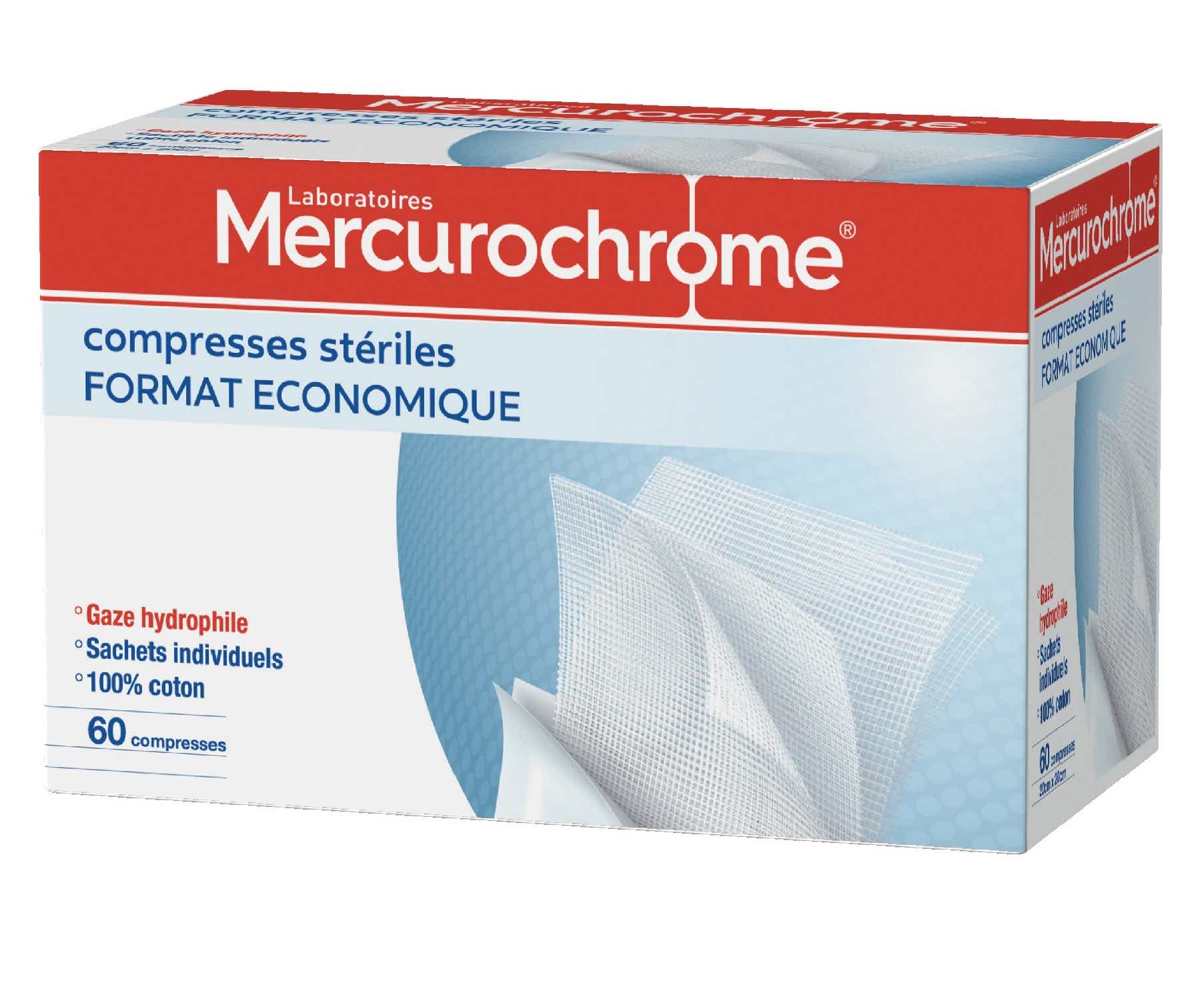 MERCUROCHROME STERILE COMPRESSES 20CMX20CM 60 UNITS