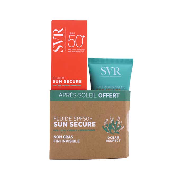 SVR SUN SECURE NON-GREASY SUN FLUID SPF50 FACE SKIN HYPERSENSITIVE TO THE SUN 50ML SOOTHING AFTER SUN MILK FOR FACE AND BODY 50ML FREE