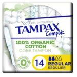 TAMPAX COMPAK COTTON PROTECTION REGULAR TAMPONS WITH ORGANIC COTTON APPLICATORS 14 PADS