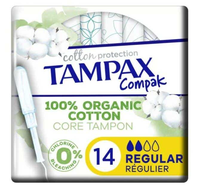 TAMPAX COMPAK COTTON PROTECTION REGULAR TAMPONS WITH ORGANIC COTTON APPLICATORS 14 PADS