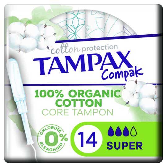 TAMPAX COMPAK COTTON PROTECTION SUPER PAD WITH ORGANIC COTTON APPLICATORS 14 PAD