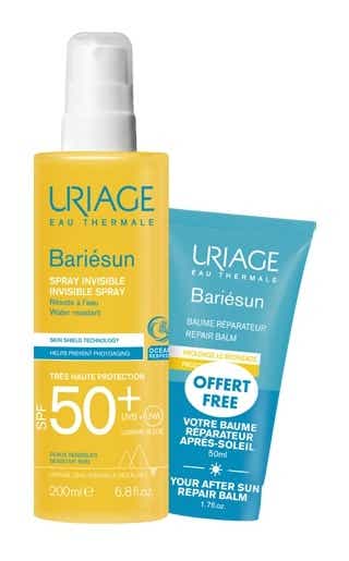 URIAGE BARIESUN INVISIBLE SUNSPRAY SPF50 FACE AND BODY SENSITIVE SKIN 200 ML AFTER SUN REPAIR BALM FACE AND BODY HEATED SKIN 50ML FREE