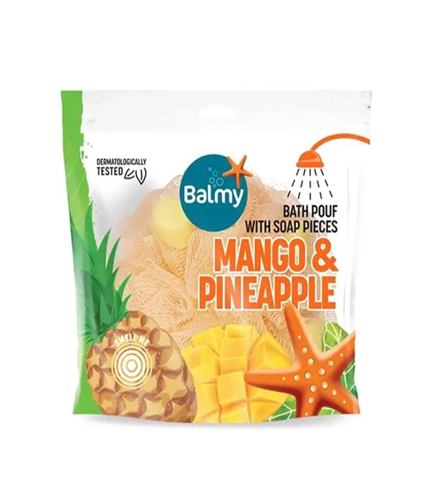 BATH POUF WITH MANGO AND PINEAPPLE SOAP PIECES 