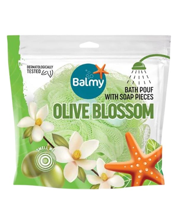 BATH POUF WITH OLIVE BLOSSOM SOAP PIECES 