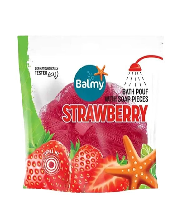 BATH POUF WITH STRAWBERRY SOAP PIECES 