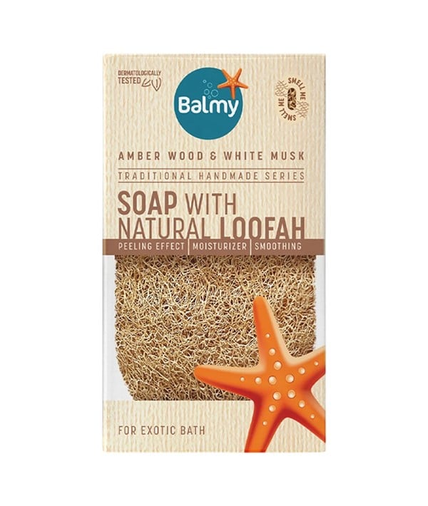 AMBER WOODS AND WHITE MUSK SOAP WITH NATURAL LOOFAH 